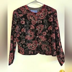 Norton McNaughton Petite Womens Black Velvet Jacket Red/Gold Floral Pattern 14P
